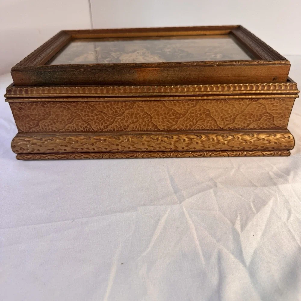 Antique Vintage Jewelry Dresser Parlor Box Victorian Ladies Scene‎ Lid Mirror